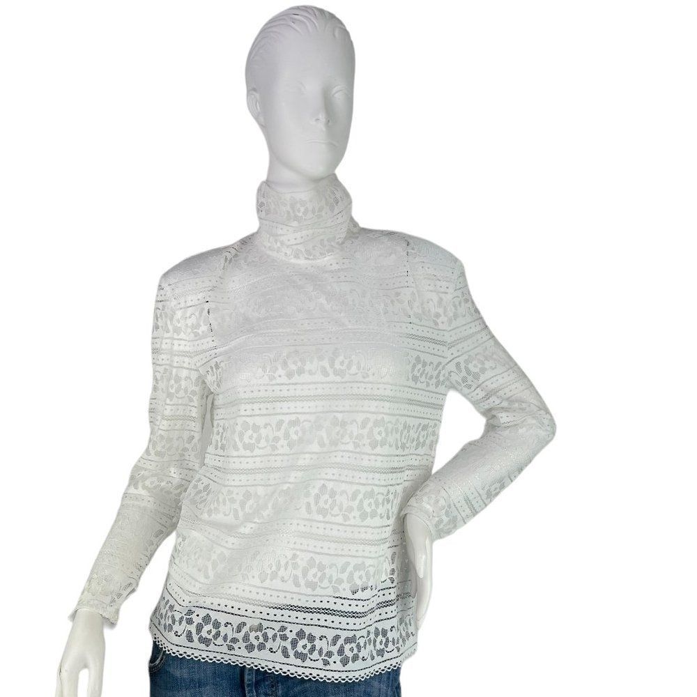 Sandro Paris White Floral Lace High Neck Semi Sheer Long Sleeve Top Sz Large